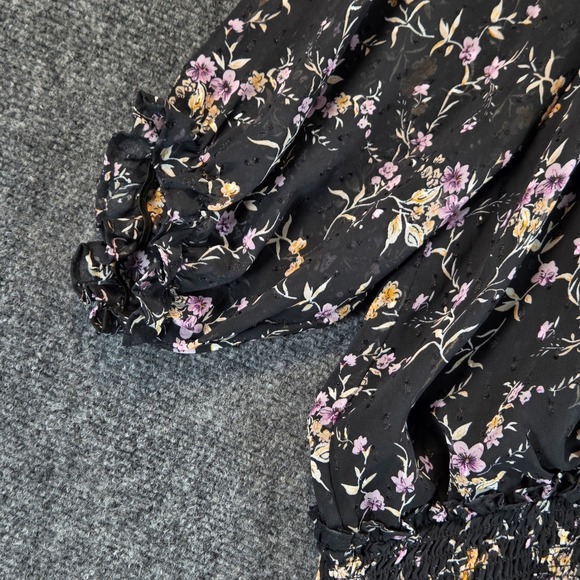 Lulus Floral Clip Dot Smocked Tiered Mini Dress XL Black Puff Sleeve Chiffon - Picture 7 of 16